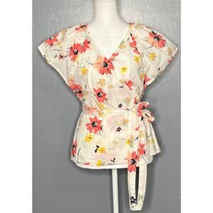 Gap - Short Sleeve Wrap Top in White Floral Print 100% Cotton Sz S - NWOT